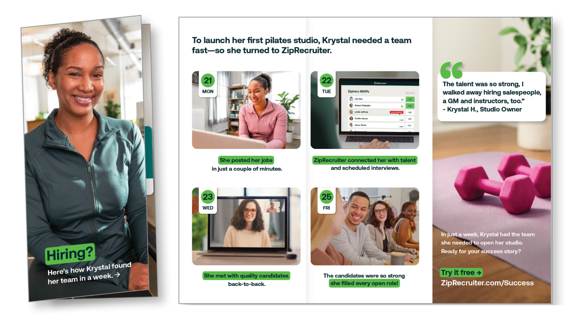 ZipRecruiter direct mail featuring Krystal's story
